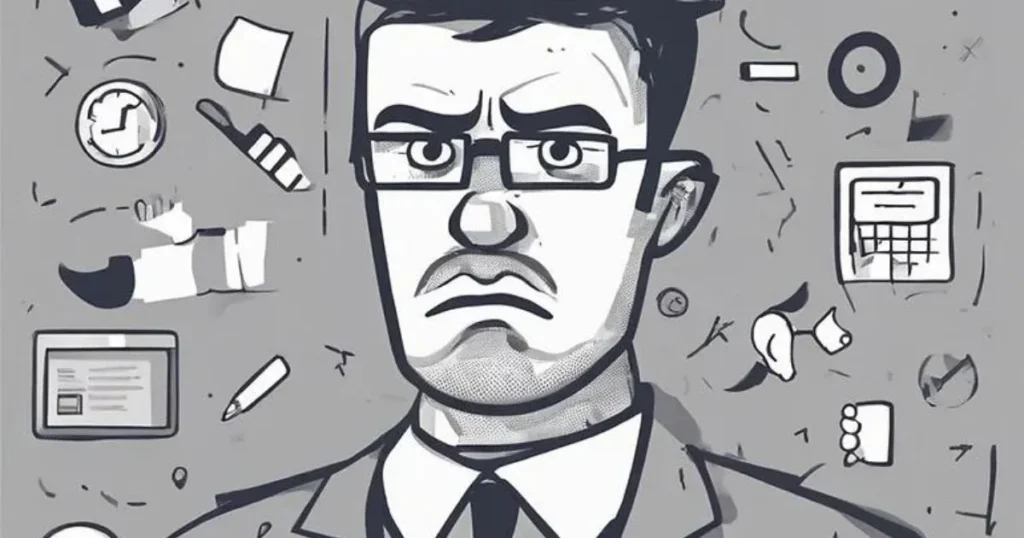 cartoon drawing of upset man in suit
