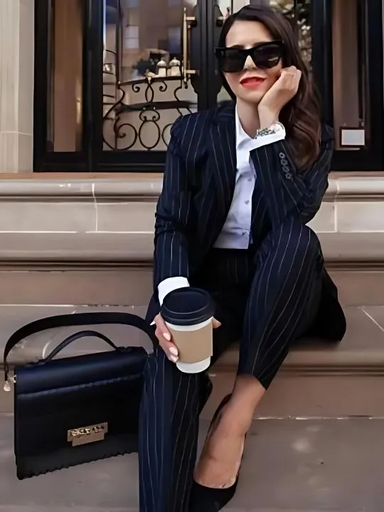 woman sitting on steps in a blue pinstripe suit drinking coffee